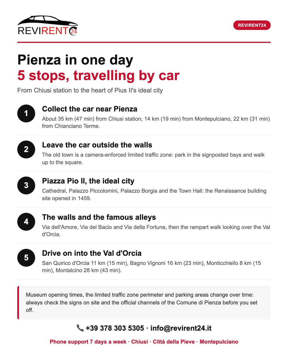 Revirent24 infographic: Pienza in one day, 5 stops by car from Chiusi station into the Val d'Orcia